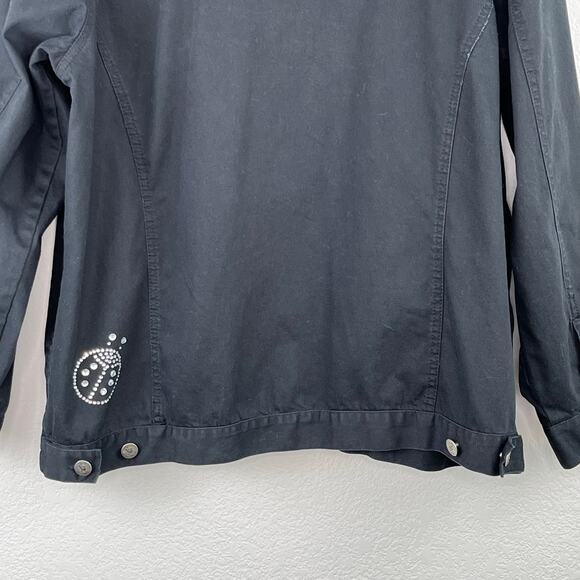 Quacker Factory Black Denim Ladybug Rhinestone Embellished Button Jacket Large - Picture 9 of 14